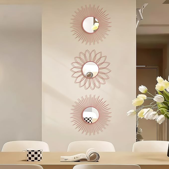 3 Pack Metal Mirrors for Wall Sunburst Wall Mirrors Home Décor Decorative Hanging Wall Art for Living Room Bedroom Entryway (Pink, Flower+Sunburst)