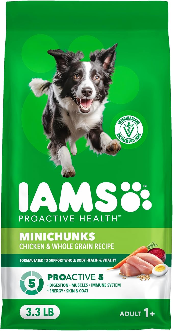 IAMS Proactive Health Adult Minichunks Dry Dog Food, Chicken, 3.3 lb | Real chicken #1 ingredient, no fillers, natural fiber & prebiotics, Omega-6 fatty acids, antioxidants for immune support