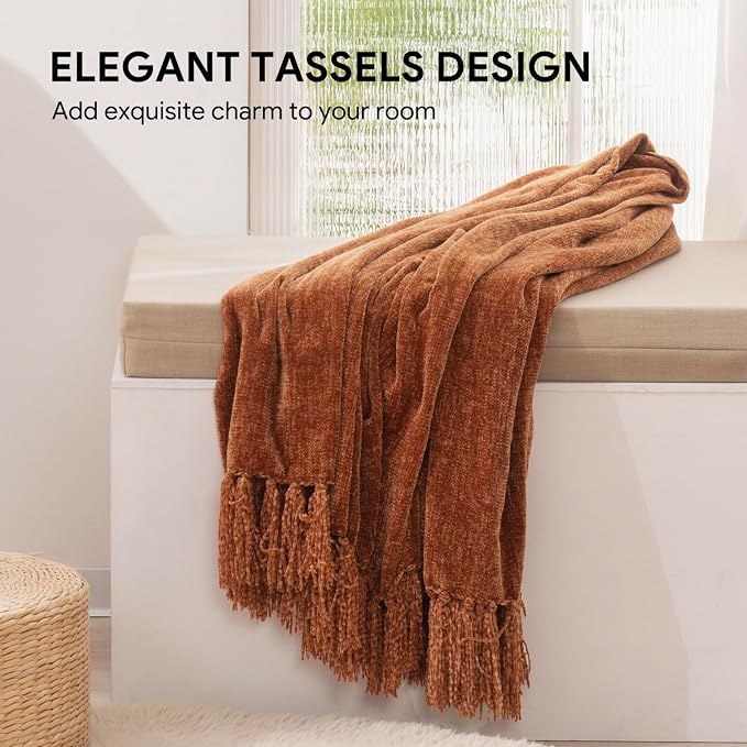 RECYCO Throw Blanket Soft Cozy Chenille Throw Blanket with Fringe Tassel for Couch Sofa Chair Bed Living Room Gift (Rust, 50" x 60") | Super Soft Knit Throw Blanket with Fringe Tassels, Lightweight Knitted Throw, Cozy, Ideal for Sofa Chair Bed Living R...