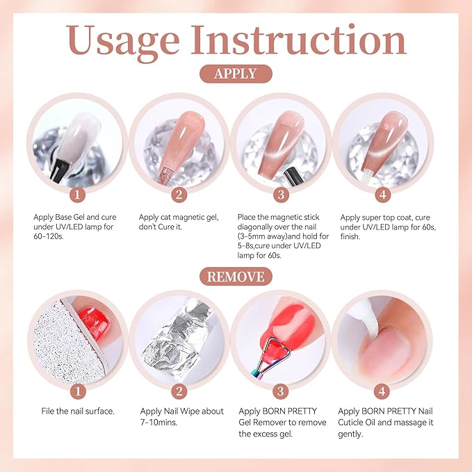 Born Pretty Glassy Nude Cat Magnetic Eye Gel Nail Polish,Glitter Nude Light Pink Jelly Translucent Magnetic Gel Polish,Soak Off U V Gels Nail Art Design Salon DIY Home 15ML