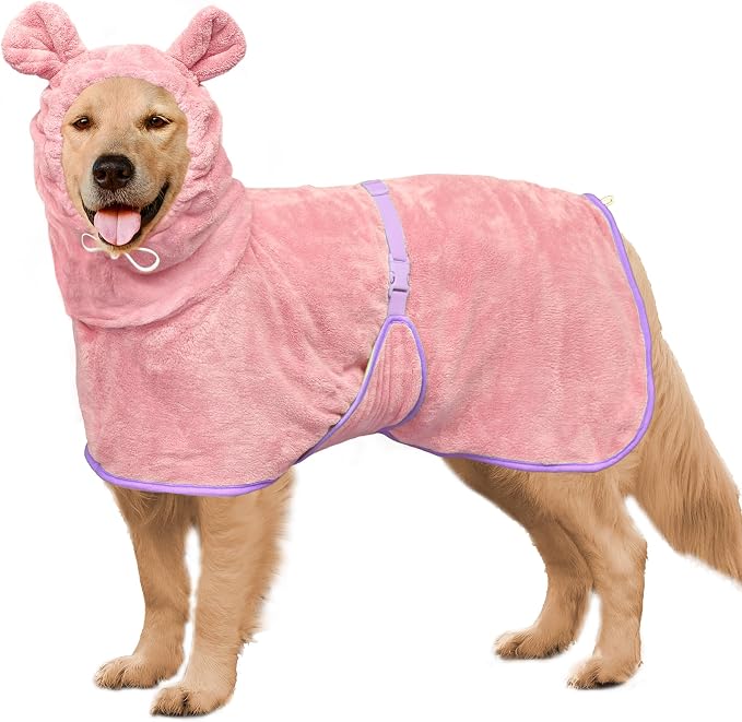 Dog Bathrobe Super Absorbent Towel Robe - Microfiber Bath Towels Fast Drying Coat for Dogs, Cute Dogs Clothes Adjustable Collar & Belly Strap Warm Keeping Hooded Dog Towel (Pink, X-Large)