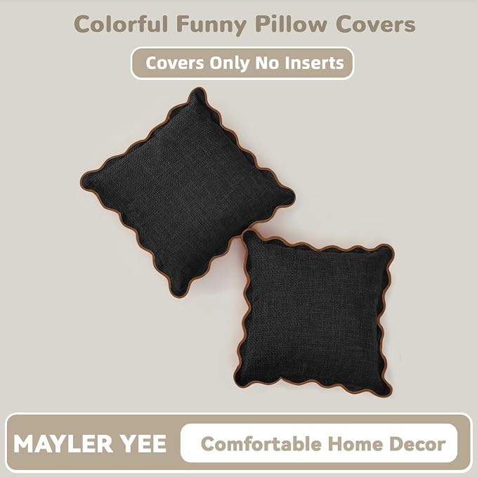 Scalloped Pillow Covers Set of 2 for Living Room | Decorative Sofa Couch Pillows | Boho Sytle Decorative Home | Aesthetic Funky Preppy Pillow Cases (Black & Brown, 22x22 Inch)