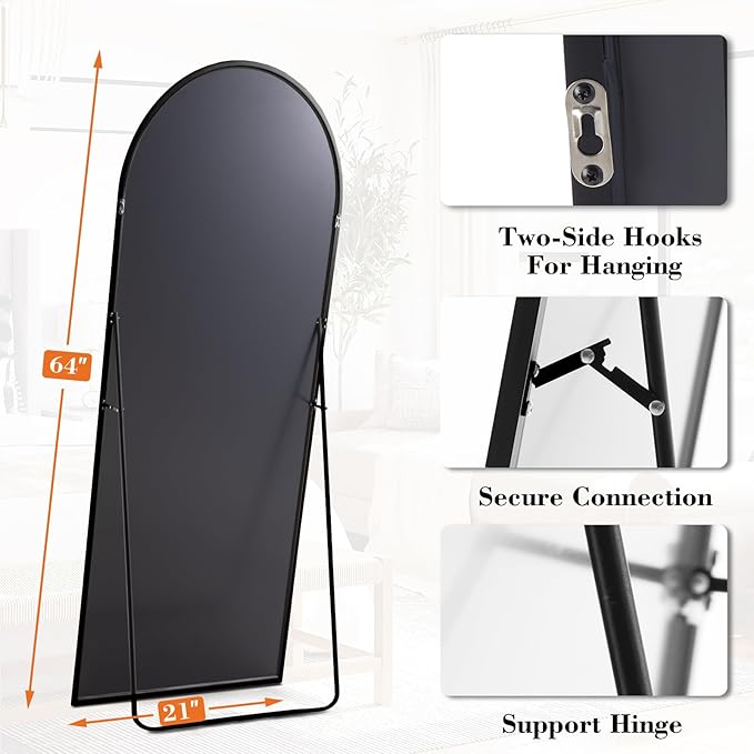 DUMOS 64"x21" Arched Full Length Mirror with Stand, Full Body Floor Mirror | Free Standing or Wall Mount, Nano Glass Aluminum Frame, Hanging or Leaning, Modern Simple Home Decor, Black