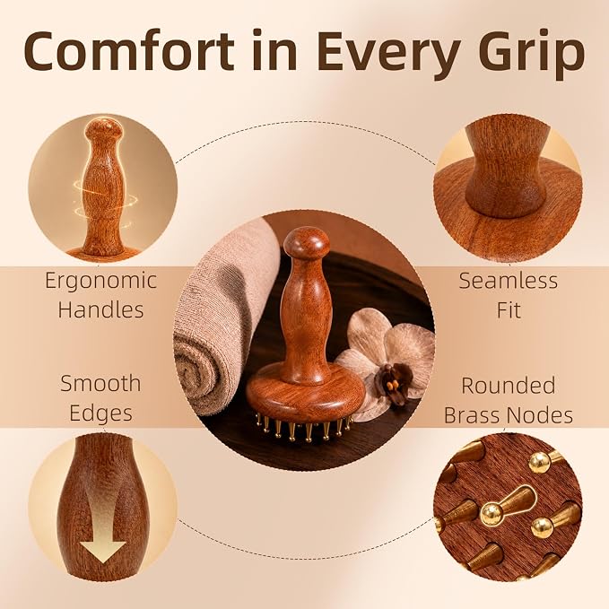 Oleamuo Meridian Massage Brush for Belly, 29-Teeth Brass Head Massage Tool | Rosewood Handle, Cooling Touch, for Scalp & Body Relief