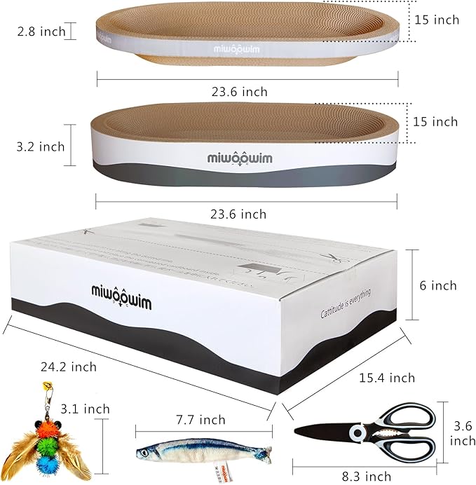 miwoowim 23.6" Extra Large Cat Scratcher Bed & Box Set, Oval Lounge Bowl | Includes 2 Oval Shape Beds & 1 Box with corrugated cardboard Scratch pad. Perfect for big cats and multi-cat households.