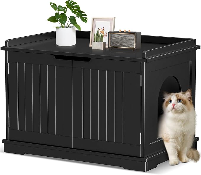 Cat Litter Box Enclosure Furniture Hidden Wooden Washroom Litter Box Cabinet, Indoor Cat House with Removable Divider, as Table Nightstand Storage Bench (Black)