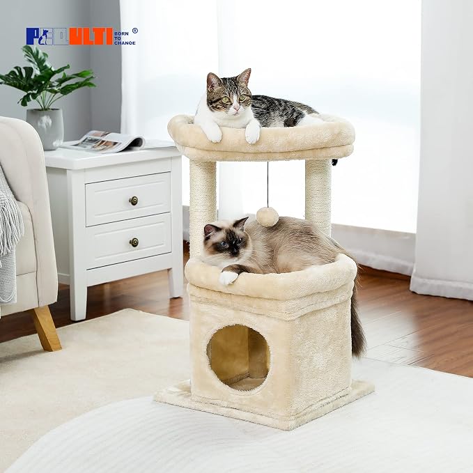 PEQULTI Indoor Cat Tree Tower Small Cats, Sisal Post & Cozy Condo, Beige | Private soft cat condo, soft top perch, natural sisal scratch posts, plush pom-pom toy for indoor kitties
