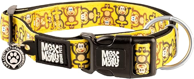 Max & Molly Urban Pets Smart ID Dog Collar with Gotcha! QR Pet Safety Tag and Custom Pet Profile, Soft Padded Neoprene, Waterproof, Machine Washable, Monkey Maniac, L (15-25")