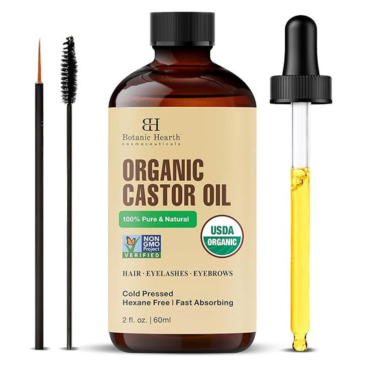 Botanic Hearth Castor Oil Organic for Hair, Lashes, Face (2oz), 100% Pure, Cold Pressed, Hexane Free Hair Oil, Lash Serum for Thicker-Looking Eyelashes & Eyebrows