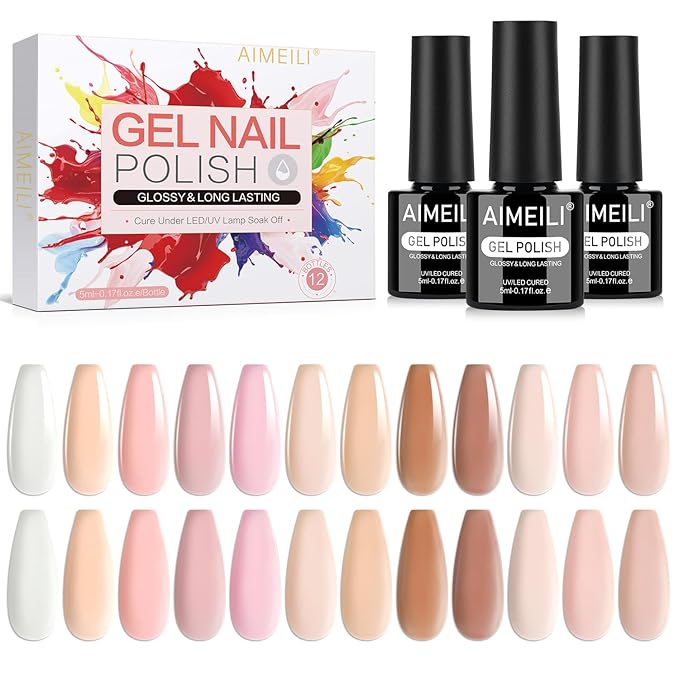 AIMEILI Nude Gel Nail Polish Set - 12 Colors Hema Free Jelly Neutral Nude Pink Milky White Sheer Effect Manicure Nail Art for Women - Kit 29