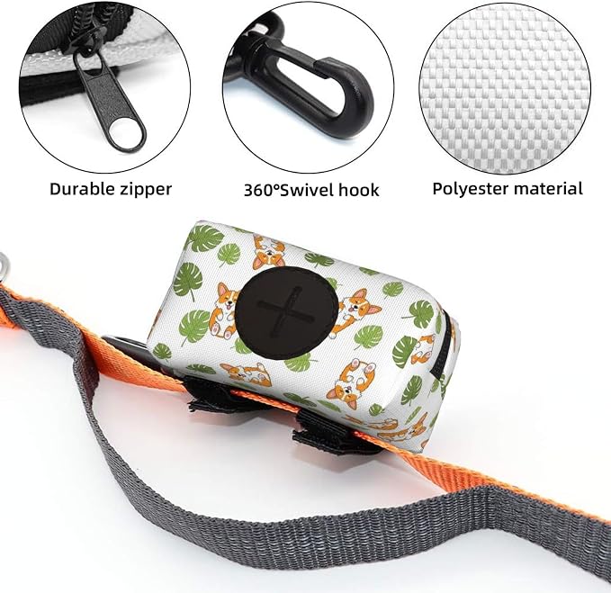 Cute Corgi Funny Fat Dog Tropical Leaves Dog Waste Bag Dispenser Pet Poop Bags Holder Zipper Small Doggy Puppy Pouch