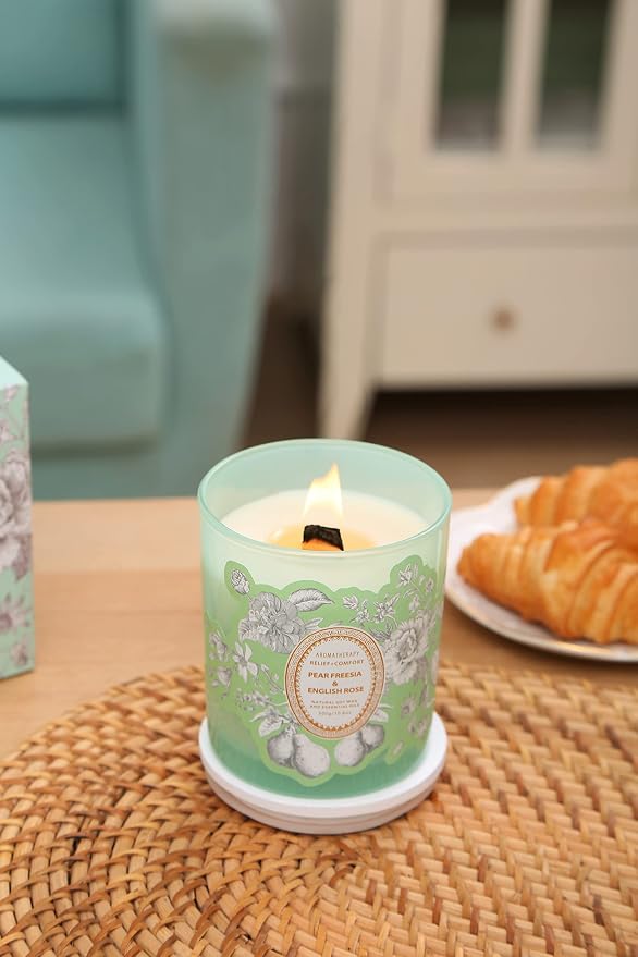 Pear Freesia English Rose Candle | 10.6oz Wood Wick Soy Scented Candle for Home | Relaxing Floral Garden Aromatherapy Candle | Long Lasting Clean Burn | Housewarming Gift for Women & Men