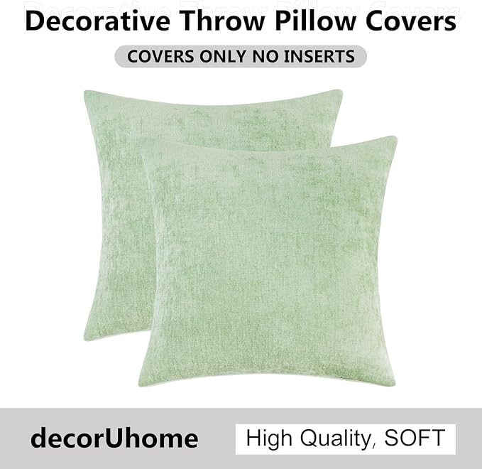decorUhome Soft Chenille Sage Green Throw Pillow Covers 24X24 Set of 2 | Decorative Fall Couch Pillow Covers Solid Dyed Accent Modern Euro Sham Farmhouse Neutral Square Pillow Cases for Sofa