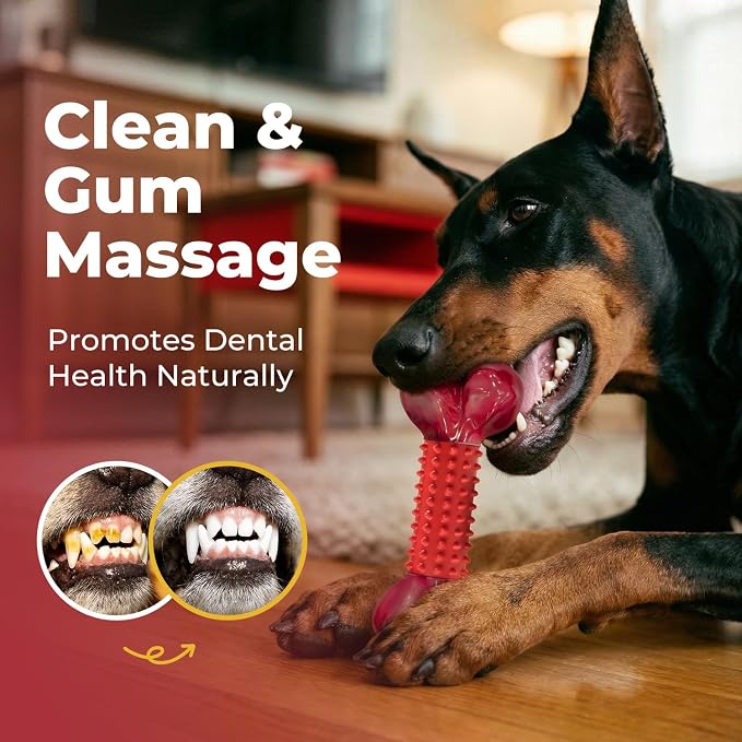 2-Pack Tough Dog Toys for Aggressive Chewers: Beef Flavored Long Lasting Dog Bones for Large Dogs, Heavy Duty Nylon & Rubber Dog Chew Toys to Keep Them Busy, Medium & Large Breed, Red