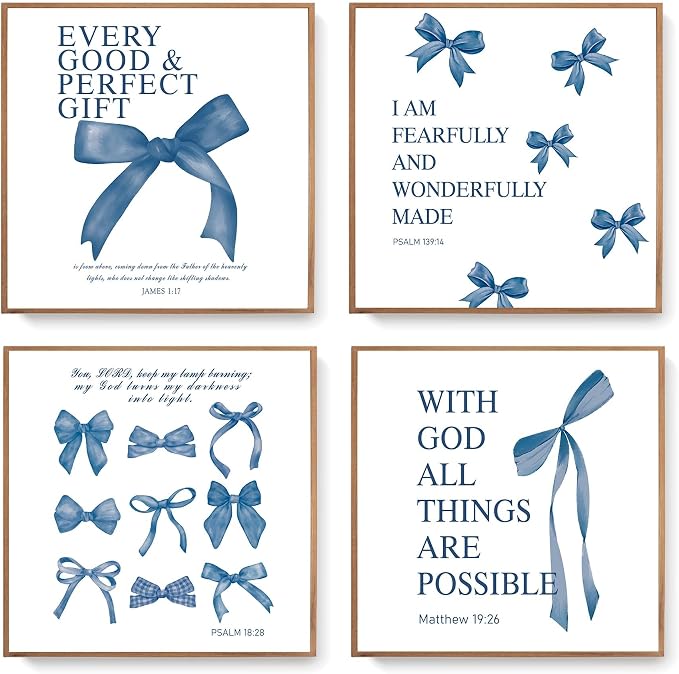 LARTSFRO Coquette Navy Blue Bow Wall Art Decor Posters, Navy Blue Bow Room Bedroom Bathroom Dorm Wall Art Decor Aesthetic for Teen Girls Gifts, Inspirational Bible Verses Bow Wall Decor, 10x10 Inch Set of 4 Pcs Bow Pictures (UNFRAMED)