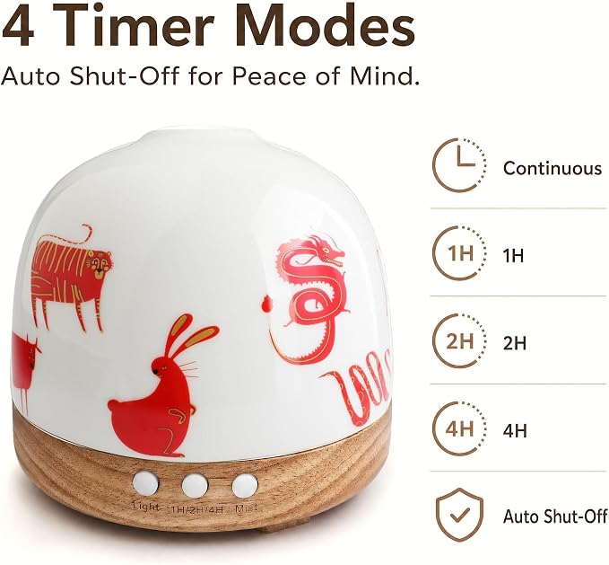 Ceramic Diffuser - 300ML Essential Oil Diffuser,Cute Porcelain Design, Quiet Cool Mist, 4 Timer Modes, Auto Shut-Off, Night Light for Bedroom and Home