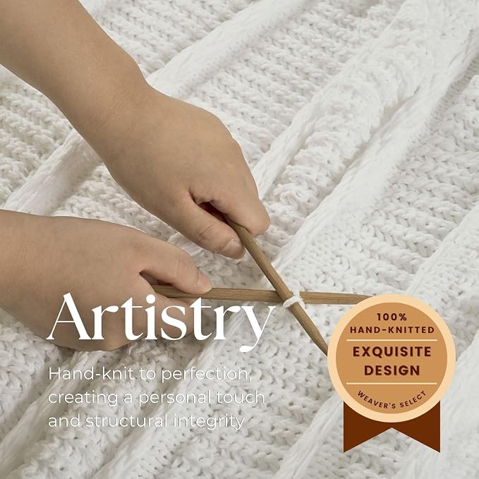 Boho Knitted Chenille Blanket with Tassels - Lightweight & Soft All-Season Throw - 3D Classic Pattern for Living Room Bedroom Couch, Cloud White, Throw 50"x60"