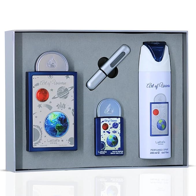 Lattafa Pride Art of Universe – Citrus, Fruity, Sweet, Amber – 3-Piece Gift Set for Unisex (3.4 oz Eau de Parfum Spray + 0.65 oz Eau de Parfum Spray + 6.67 oz Deodorant Spray)