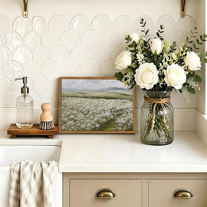 Framed Vintage Landscape Wall Art, Country Wildflower Field Pictures Wall Decor, Rustic Nature Flower Paintings Canvas Prints Farmhouse Home Decor for Living Room Bedroom Bathroom 8x10 inch