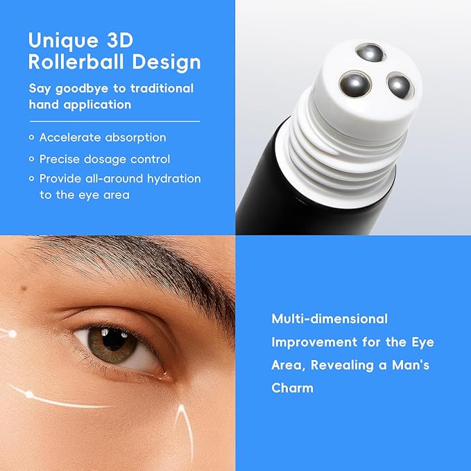 AKARY Caffeine Eye Roller for Bags for Men, Men’s Triple-roller Massage Under Eye Cream for Puffy Eyes and Dark Circles, Hydrating, Softening, Improving, Firming for Fine Lines, Puffiness Reducer