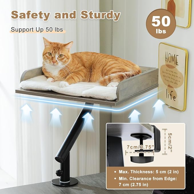 PAWZ Road Cat Desk Bed 360°Rotating Supports to 50 Lbs Cozy Nest for Desk | Wooden Desk Mount Cat Bed with Sturdy Clamp – Fits Desks & Tables, Padded Soft Nest for Cats, Holds Up to 50 lbs