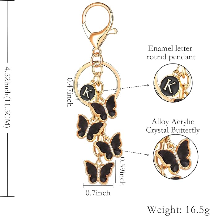 XGALBLA White Pink Black Cute Butterfly Initial Letter Keychain for Women, Butterfly Bag Charms Keyring for Handbags Backpack
