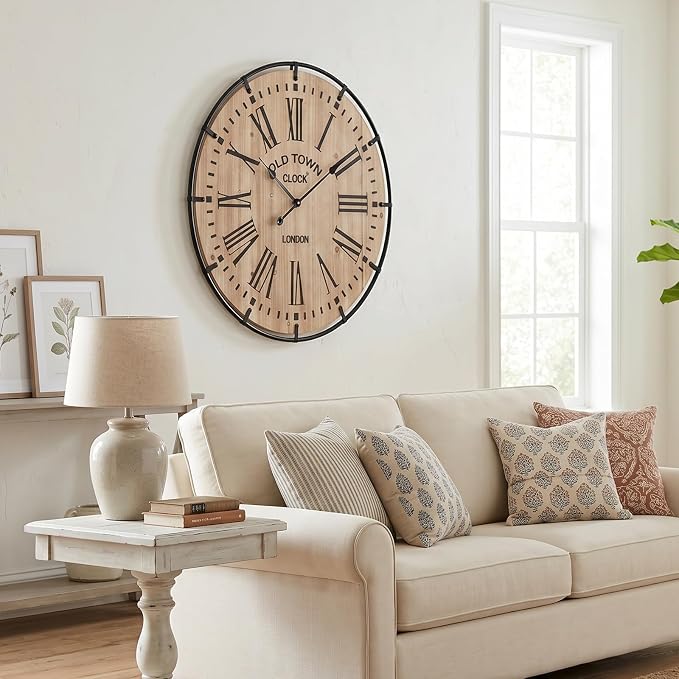 EMAX HOME 30 Inch Rustic Wall Clock, Warm Light Oak Wood Look with Black Iron Frame, Silent Sweep Movement, Clear Roman Numerals and Tick Marks, for Fireplace Mantel, Hallway, or Dining Room.