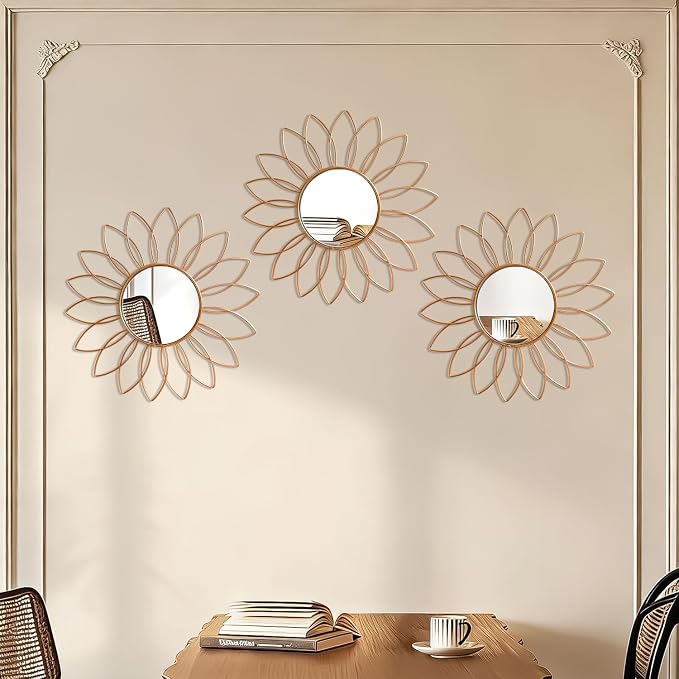 3 Pack Metal Mirrors for Wall Sunburst Wall Mirrors Home Décor Decorative Hanging Wall Art for Living Room Bedroom Entryway (Rose Gold2, Flowers)