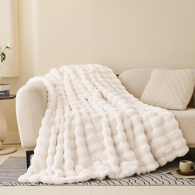 Comelady Soft Fluffy Faux Fur Throw Blanket 50"x60", Bubble Plush Texture | Cream White Thick Fuzzy Throw, No-Shedding, Aesthetic & Cozy for Couch Bed Room Decor, Warm Gift for Women Men Girls