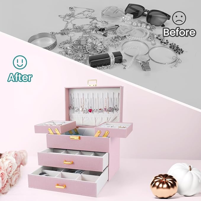Jewelry Organizer Box, Large Jewelry Boxes for Girls, Space-Saving 4 Layers Jewelry Storage Case with Drawer, Gift for Women, Movable Metal Stand, Modern (Pink+ Gold)