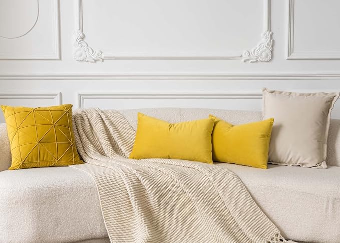 Yellow 12x20 Throw Lumbar Pillow Covers Decorative Cushion Covers Set of 2 | Soft Velvet Pillow Cases with Invisible Zipper for Modern Couch Sofa Bed Living Room Bedroom Home Decor