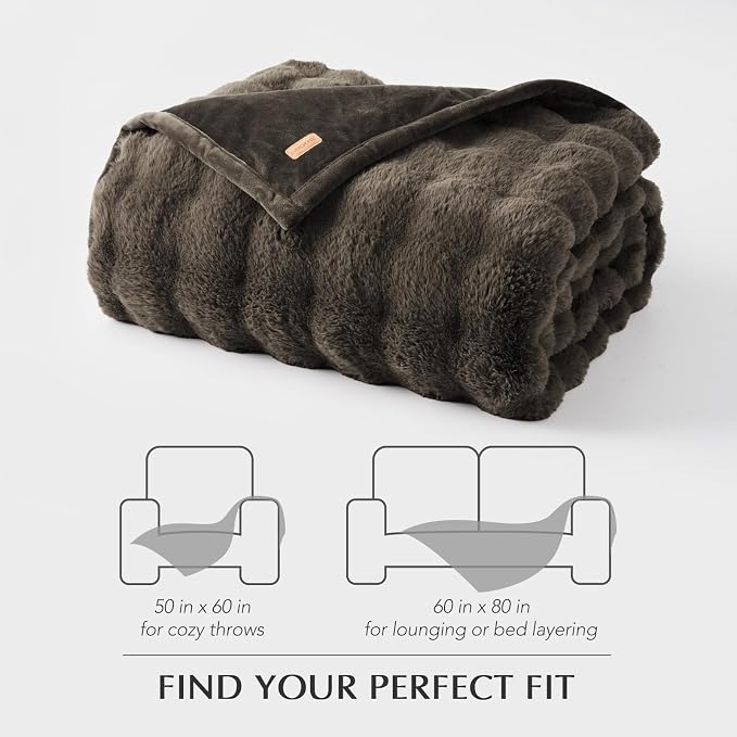 Faux Rabbit Fur Bubble Throw Blanket, 50"x60", Dark Taupe | Ultra Soft, Luxury Faux Rabbit Fur Throw, Thick Warm Bubble Blanket, Cozy Fluffy Reversible, for Bed, Couch, Chair, Sofa