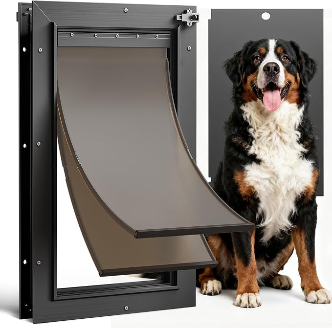Aluminum XL Dog Door for Exterior Door, Heavy Duty Pet Door with 2 Flaps | Aluminum Alloy Frame, Upgraded Magnetic Flaps, Thermal Insulation, Energy Efficient, Sliding Lock Panel, Pets Up to 220Lb