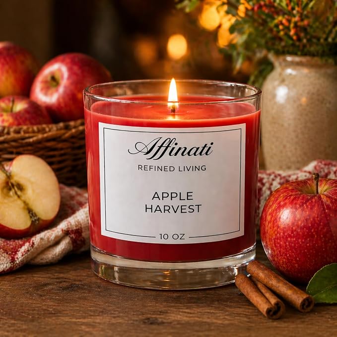Apple Harvest Affinati 10 oz Scented Candle for Home – Long Lasting Fruity Soy Blend Candle with Wooden Wick, Strong Scent Throw Glass Jar Candles, Premium Clean Burning Aromatherapy Gifts