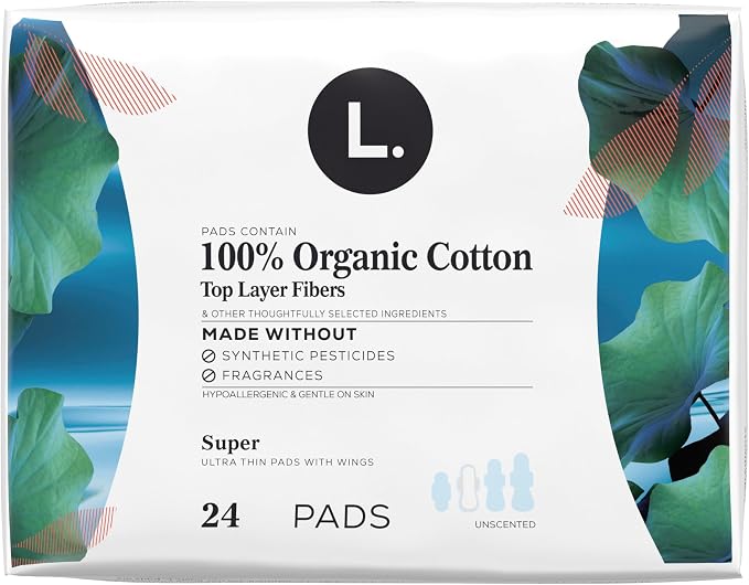 Ultra Thin Pads for Women, Organic Cotton Top Layer, Super Absorbency, Menstrual Pads with Wings, Made Without Synthetic Pesticides and Fragrances, 24 Count