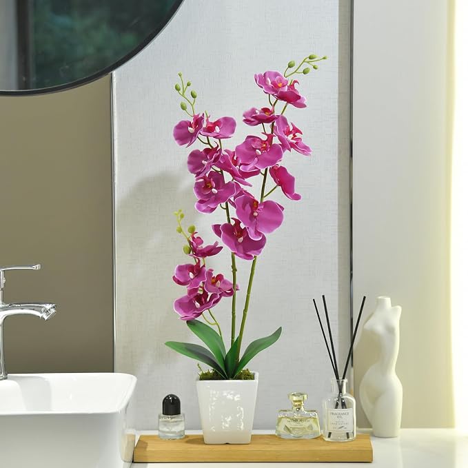 22" Fuchsia Faux Orchid in Ceramic Vase for Table Décor | Real Look Potted Phalaenopsis, Ideal Centerpiece for Home, Office, or Indoor Display, Lifelike Silk Flowers, No Maintenance