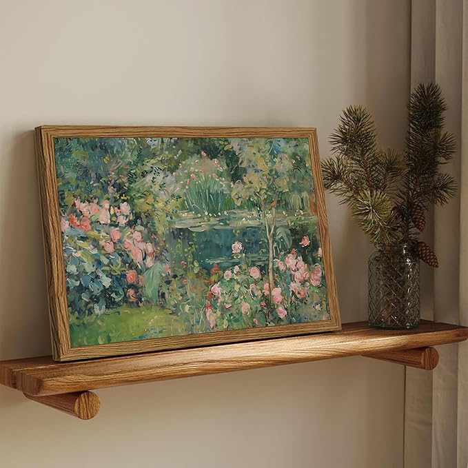 Framed Vintage Floral Landscape Canvas Wall Art, Rose Garden Pond Wall Decor Paintings, Rustic Cottagecore Nature Plant Pictures Prints Aesthetic Home Decor for Living Room Bedroom Bathroom 16x24 inch