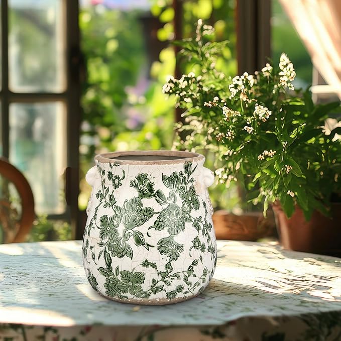 Ceramic Green Scroll Planter 6.5 Inch Chinoiserie Floral Vase with Drainage Holes Vintage Flower Vase Flower Pot Rustic Ceramic Pots for Indoor Plants Flowers Garden Home Bookshelf Decor