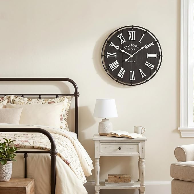EMAX HOME 20 Inch Large Farmhouse Wall Clock, Rustic Black Distressed Wood Grain Face with White Roman Numerals, Silent Non-Ticking Quartz Movement, Metal Frame Wall Decor for Living Room, Bedroom.