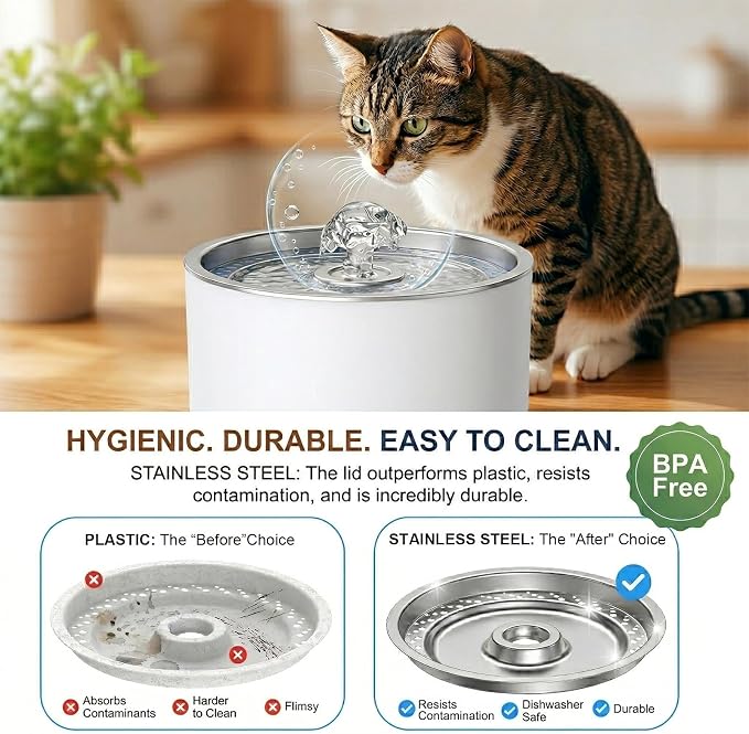 Wonder Creature Cat Water Fountain Stainless Steel Lid with 4 Filters, 81oz | 2.4L Pet Fountain with 4 Filters, 4 Sponges, Quiet Pump, Water Level Window, Stainless Steel Lid for Cats and Dogs