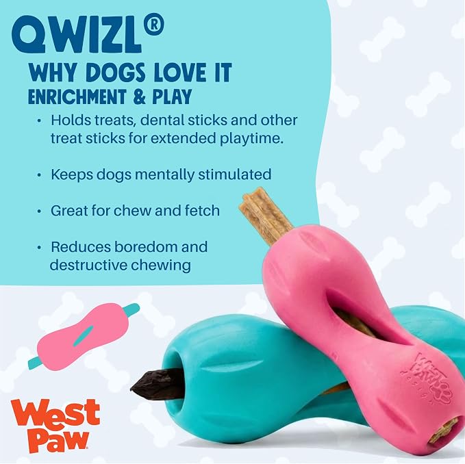 WEST PAW Qwizl Durable Zogoflex Dog Puzzle Toy for Mental Stimulation, and Enrichment - Treat Dispensing for Bully Sticks and Dental Sticks - Dishwasher Safe - Made in USA - Small - Geranium