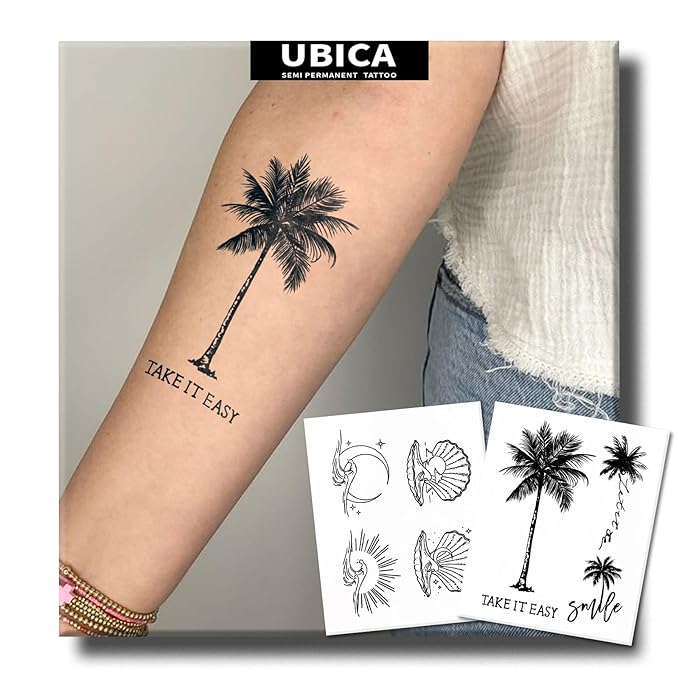 Semi Permanent Tattoo, Long Lasting Tropical Palm Tree Temporary Tattoos For Men Women Arm Calf, Realistic Moon Sun Wave Shell Fake Tattoo, Waterproof, Non-Reflective, 2 Sheets
