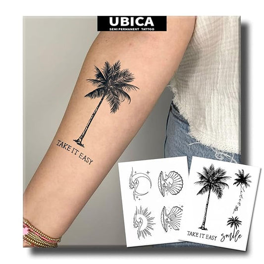 Semi Permanent Tattoo, Long Lasting Tropical Palm Tree Temporary Tattoos For Men Women Arm Calf, Realistic Moon Sun Wave Shell Fake Tattoo, Waterproof, Non-Reflective, 2 Sheets