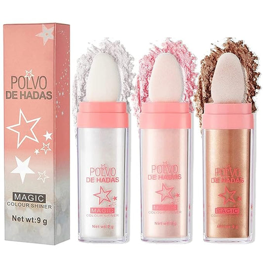 Kayswang Body Glitter Powder Stick Face highlights Shimmer Face and Body Highlighter Powder with Sponge Head, Magic Colour Shiner Powder for Face Body, Arms, Collarbones and Leg (3PC)