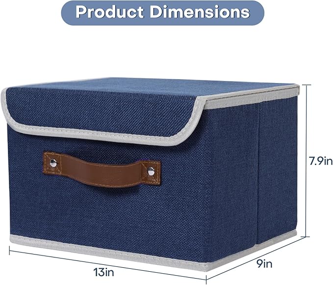 ANMINY Fabric Storage Box Bins with Lids, Blue, 13"x9"x7.9", 4 Pack | Keepsake Memory Storage, Cotton Linen, PP Board Reinforced, Washable, PU Handles, Foldable & Stackable, Decorative, Medium