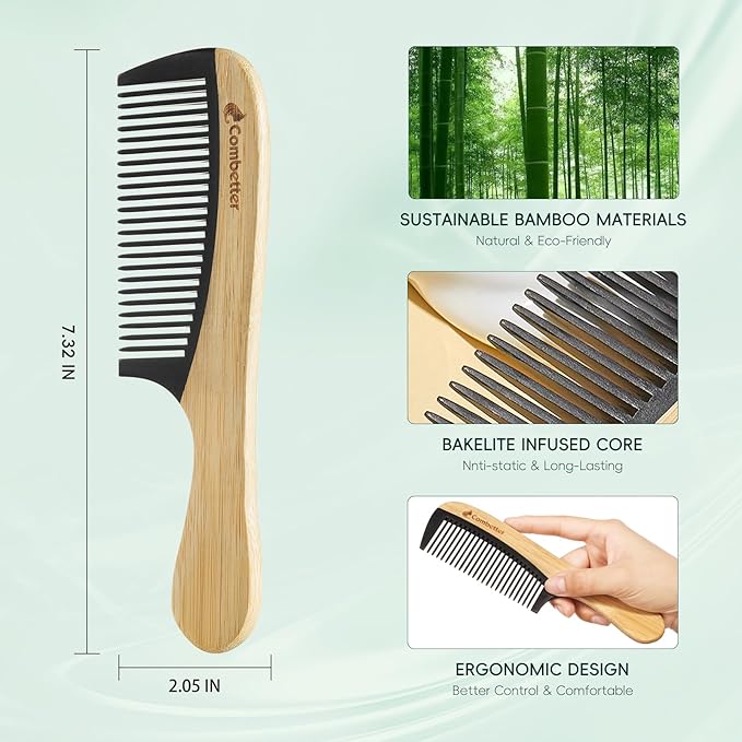 Combetter Natural Bamboo Comb for Detangling, Durable Bakelite Infused Anti Static Fine tooth Comb for Curly, Thick, Think Hair & Beard, Eco-Friendly Hair Comb for Women,Men