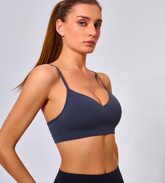Oalka V Neck Sports Bra for Women Adjustable Padded Thin Straps Wireless Yoga Bras