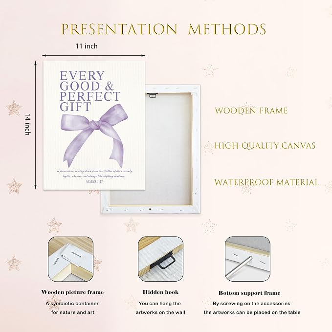 LARTSFRO Coquette Purple Bow Canvas Wall Art Decor Prints Posters, Purple Bow Room Bedroom Bathroom Dorm Wall Art Decor Aesthetic for College Teen Girls Gifts, Inspirational Bible Verses Bow Wall Decor, 11x14 Inch Set of 4 Pcs Bow Pictures (Canvas Fram...