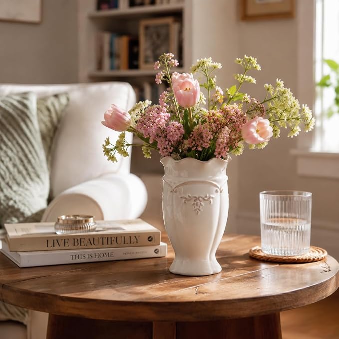 hjn White Ceramic Vase- French Flower Vase for Decor Small Vintage Vases for Flowers/Home Decoration/Kitchen/Table/Living Room/Shelf/Mantel/Office-Height-6.8"