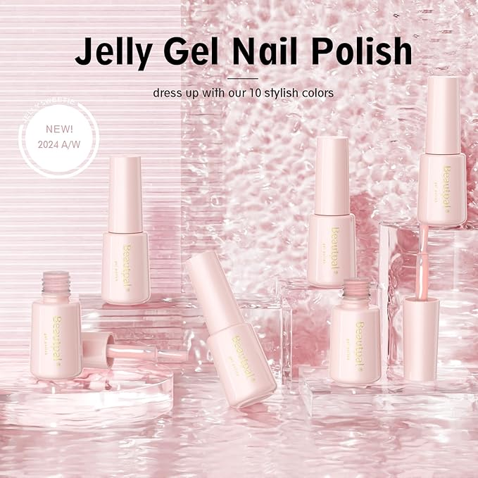 Beautpal Milky White Jelly Nude Gel Nail Polish Set, 10 Transparent Colors Sheer Pink Orange Soak Off UV/LED Lamp Nail Kit for Salon Gel Manicure and Nail Art DIY at Home 7ml